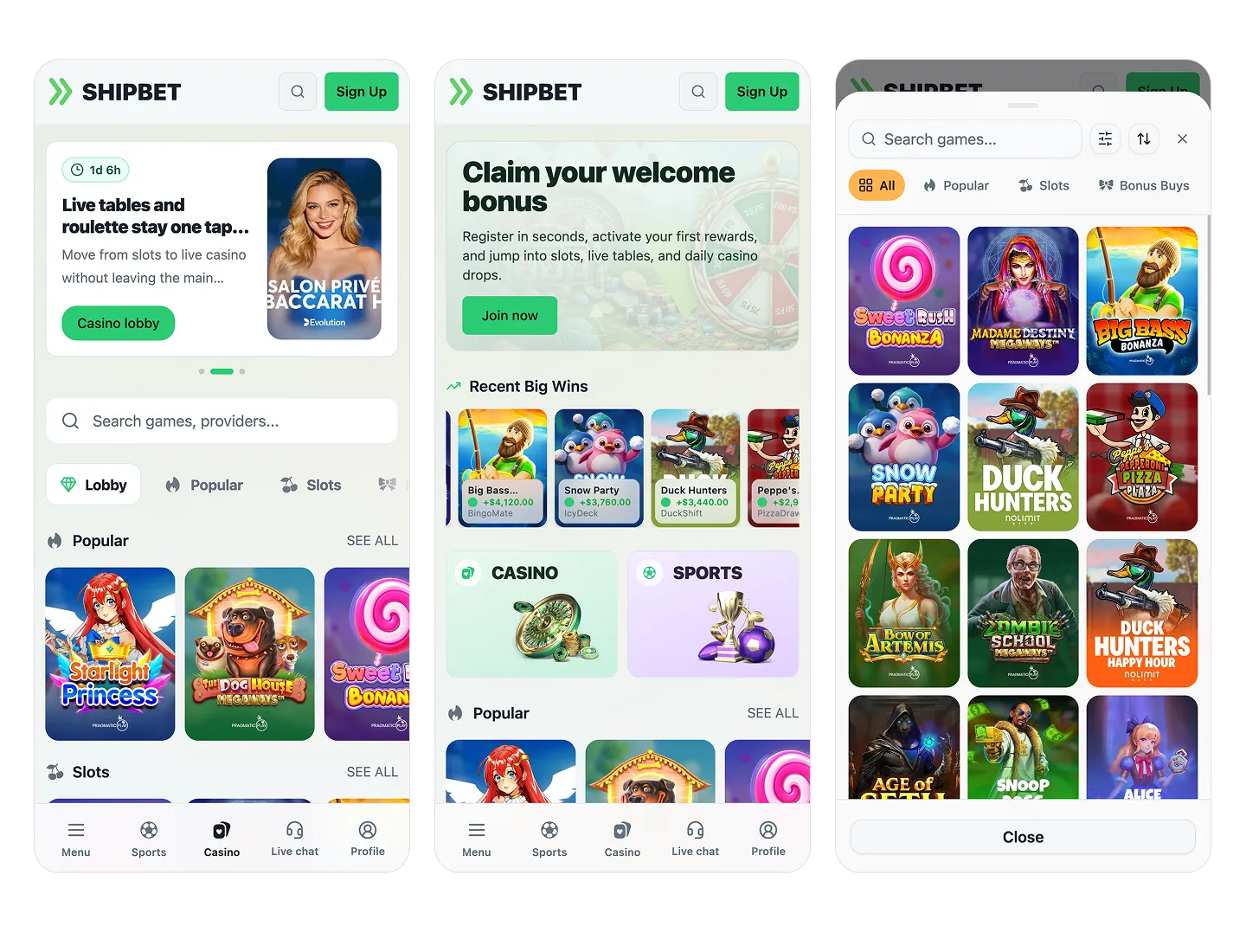 ShipBet mobile layout and bottom navigation