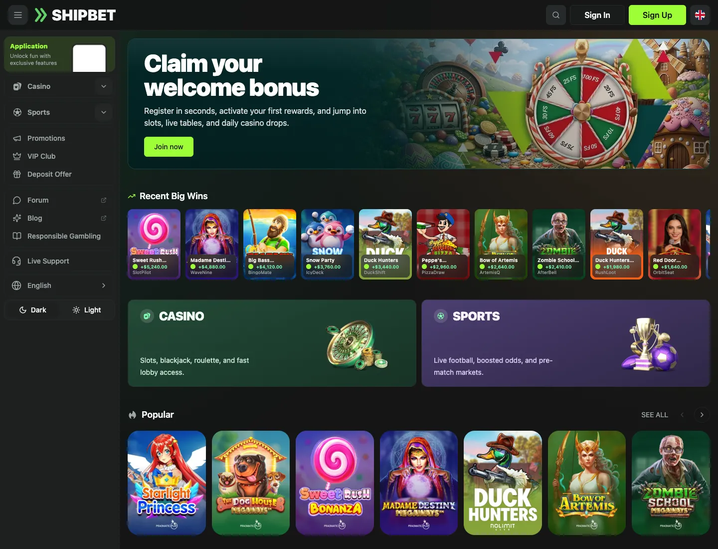 ShipBet casino homepage preview